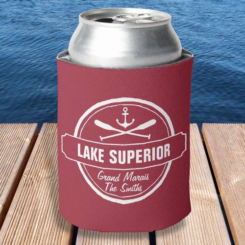 Lake Superior custom town name anchor paddles Can Cooler