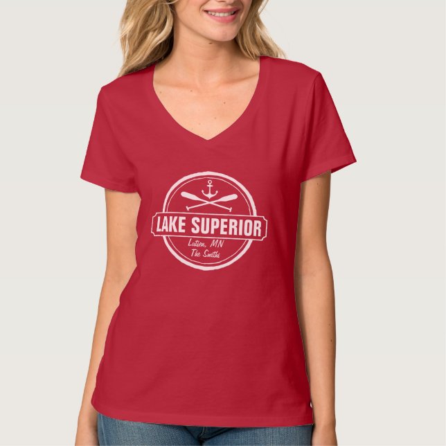 Lake Superior, custom town, name, anchor, paddles T-Shirt (Front)