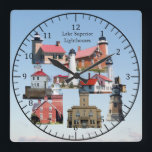 Lake Superior Lighthouses clock<br><div class="desc">Copper Harbor Lighthouse,  Eagle Harbor Lighthouse,  Superior Point Lighthouse,  Crisp Point Lighthouse,  Whitefish Point Lighthouse,  Big Bay Lighthouse,  Sand Hills Lighthouse,  Split Rock Lighthouse,  are all lighthouses on Lake Superior</div>