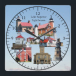 Lake Superior Lighthouses clock<br><div class="desc">Copper Harbor Lighthouse,  Eagle Harbor Lighthouse,  Superior Point Lighthouse,  Crisp Point Lighthouse,  Whitefish Point Lighthouse,  Big Bay Lighthouse,  Sand Hills Lighthouse,  Split Rock Lighthouse,  are all lighthouses on Lake Superior</div>
