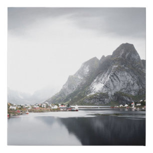 LAKE SURROUNDED BY HOUSES AND MOUNTAINS FAUX CANVAS PRINT