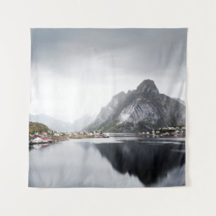 LAKE SURROUNDED BY HOUSES AND MOUNTAINS TAPESTRY