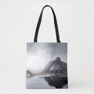 LAKE SURROUNDED BY HOUSES AND MOUNTAINS TOTE BAG