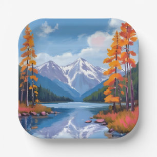 Lake Tahoe Autumn Fall Foliage Mountain Painting Paper Plates