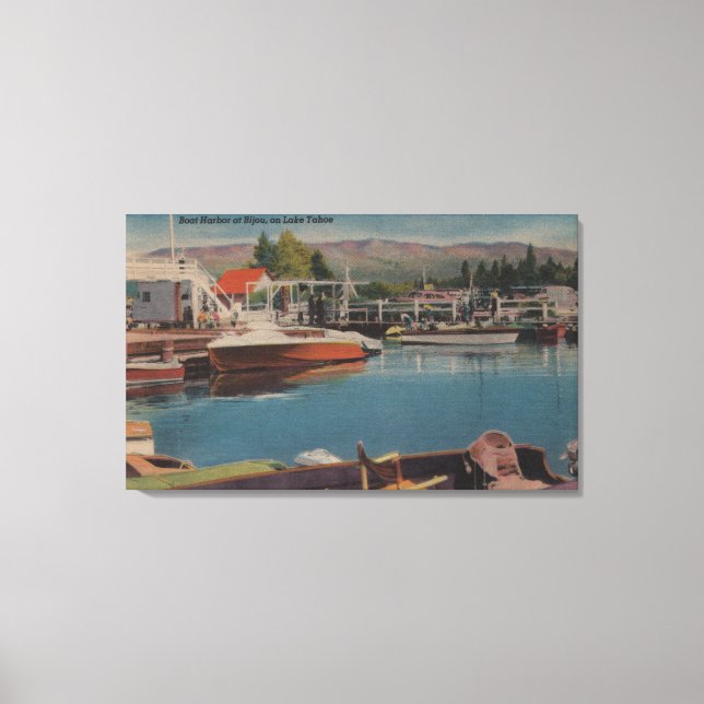 Lake Tahoe, CA - Boat Harbor at Bijou Wooden Canvas Print (Front)