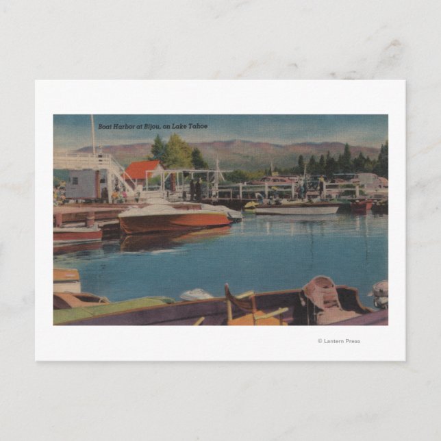 Lake Tahoe, CA - Boat Harbor at Bijou Wooden Postcard (Front)