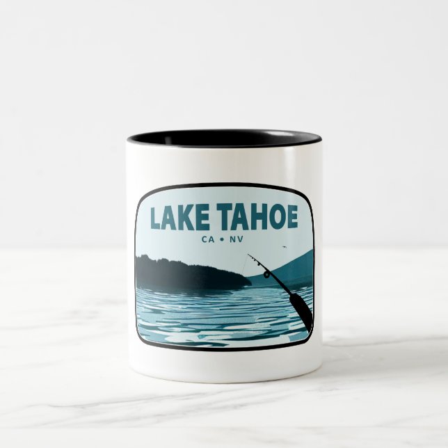 Lake Tahoe California Nevada Fishing Rod Two-Tone Coffee Mug (Center)