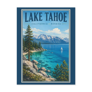 Lake Tahoe California Nevada Illustration Travel Postcard