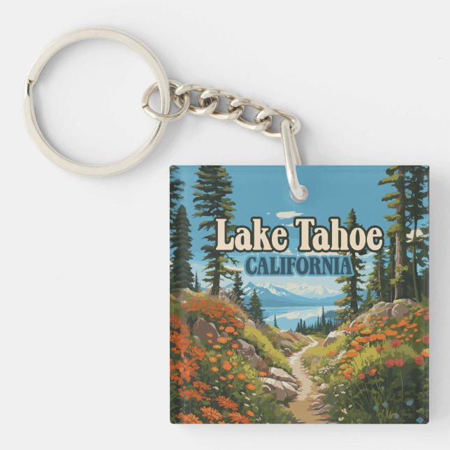 Lake Tahoe California Nevada Retro Travel Keychain (Front)