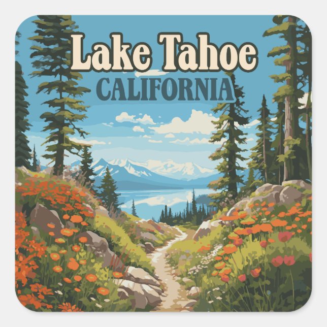 Lake Tahoe California Nevada Retro Travel Square Sticker (Front)