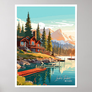 Lake Tahoe Nevada Art vintage travel illustration Poster