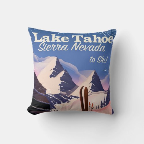 Lake Tahoe sierra nevada vintage ski print Throw Pillow