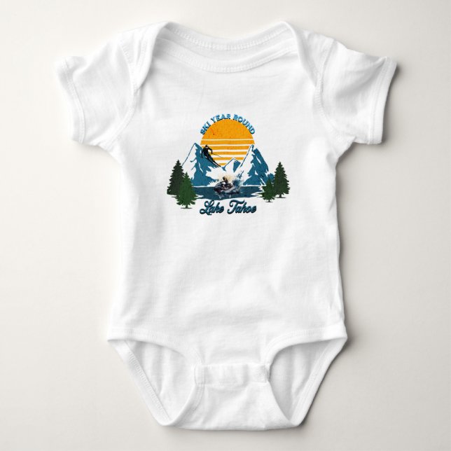 Lake Tahoe: Ski Year Round, Snow Ski and Water Ski Baby Bodysuit (Front)
