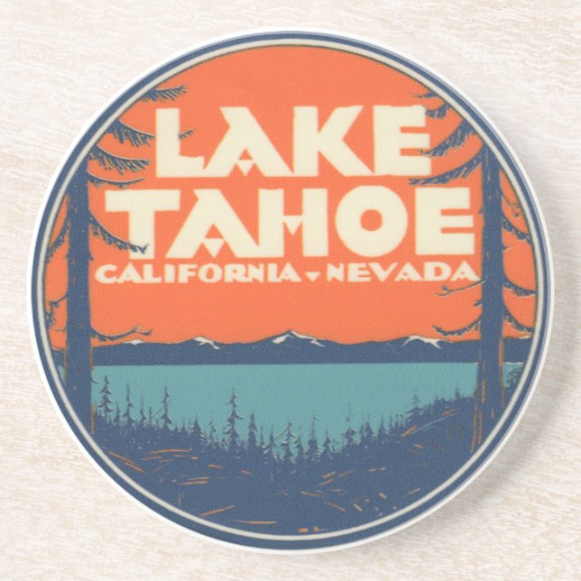 Lake Tahoe Vintage Travel Decal Design Coaster (Front)