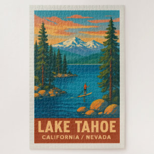 Lake Tahoe Vintage Travel (Red) Poster Jigsaw Puzzle