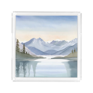 Lake Tahoe   Watercolor Mountain Landscape Acrylic Tray