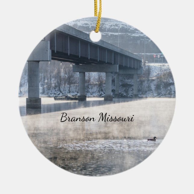 Lake Taneycomo Foggy Winter Fishing Ornament (Front)