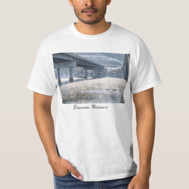 Lake Taneycomo Foggy Winter Fishing T-Shirt (Front)