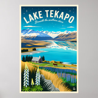 Lake Tekapo New Zealand Retro Travel Poster Art