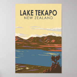 Lake Tekapo New Zealand Travel Art Vintage Poster