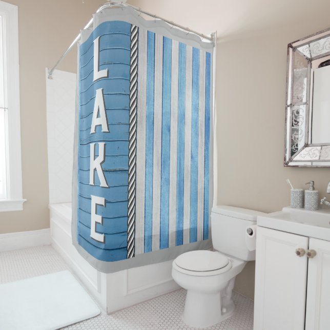 Lake-themed Blue and Gray Shower Curtain (In Situ)