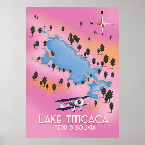 Lake Titicaca peru Bolivia lake map travel art Poster