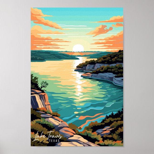 Lake Travis Texas Travel Art Vintage Illustration  Poster (Front)