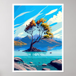 Lake Wanaka New Zealand Travel Illustration Poster