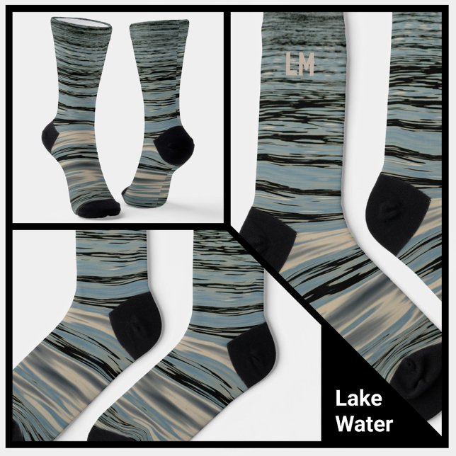 Lake Water Blue Beige Black with Initials Socks (Creator Uploaded)