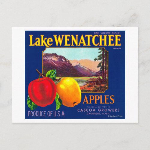 Lake Wenatchee Apple Label blue _ Cashmere WA Postcard