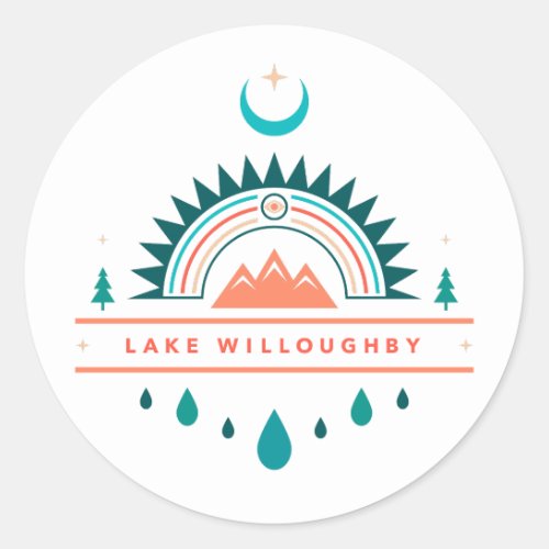 lake willoughby boho rainbow moon classic round sticker