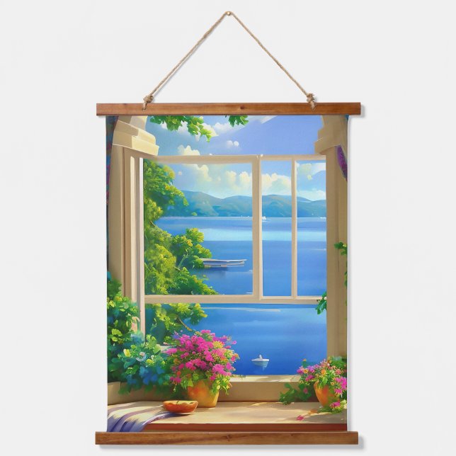 Lake Window Landscape Painting Hanging Tapestry (Front)