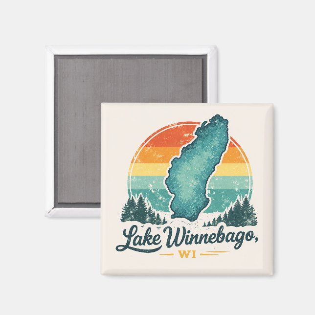 Lake Winnebago WI Sunset Lake Map Outline Magnet (Front/Back)