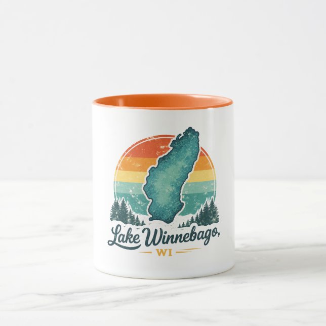 Lake Winnebago WI Sunset Lake Map Outline Mug (Center)