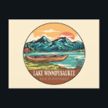 Lake Winnipesaukee Boating Fishing Emblem Postcard<br><div class="desc">Lake Winnipesaukee hand drawn illustration with canoe,  tents,  and mountains in the background. Perfect for anyone who loves to visit Lake Winnipesaukee.</div>