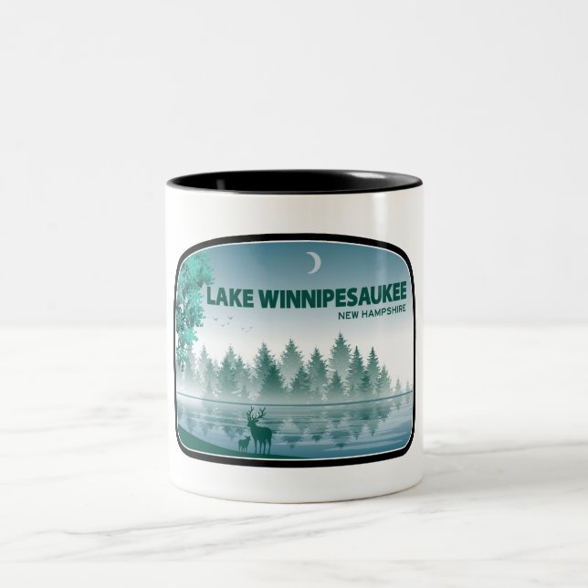 Lake Winnipesaukee New Hampshire Deer Two-Tone Coffee Mug (Center)