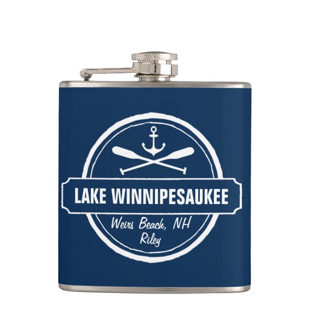 Lake Winnipesaukee NH custom town, name, anchor Flask (Front)