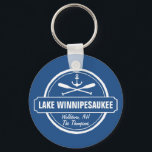 Lake Winnipesaukee NH custom town, name, anchor Keychain<br><div class="desc">Lake Winnipesaukee, New Hampshire nautical anchor design is personalized with your town (such as Moultonborough, Wolfeboro, Meredith, Alton, Gilford, Weirs Beach, etc.) and your name (or delete). This retro, vintage style design features a white circle, anchor, crisscrossed paddles and a bold banner that reads Lake Winnipesaukee. Perfect for the boating...</div>