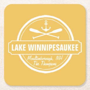 Lake Winnipesaukee NH custom town, name, anchor Square Paper Coaster