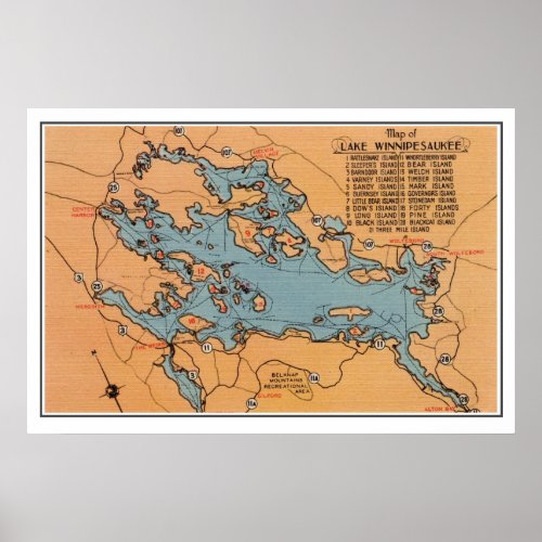Lake Winnipesaukee Orange  Blue Map Poster Print