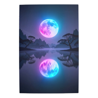 Lake with Moon Reflection – Mirror Neon Metal Print