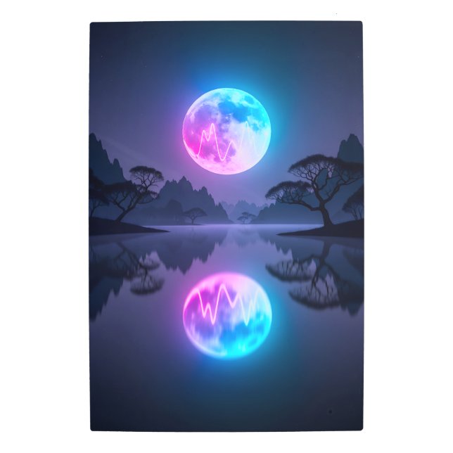 Lake with Moon Reflection – Mirror Neon Metal Print (Front)
