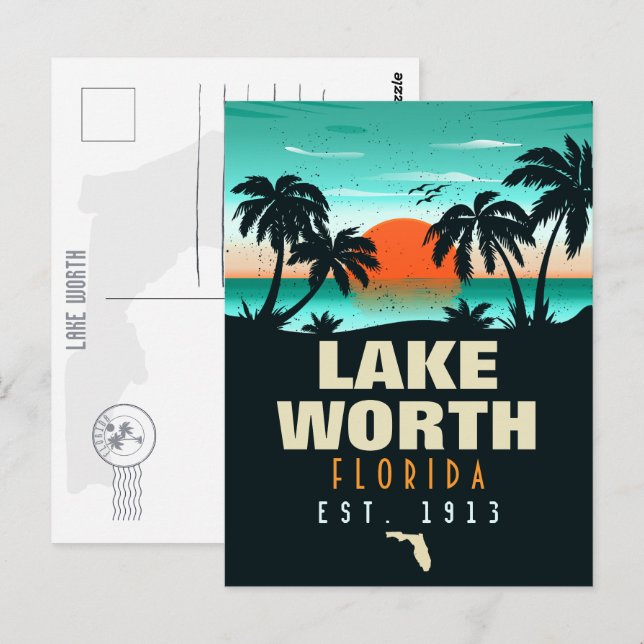 Lake Worth Florida Retro Sunset Souvenirs 60s Postcard (Front/Back)