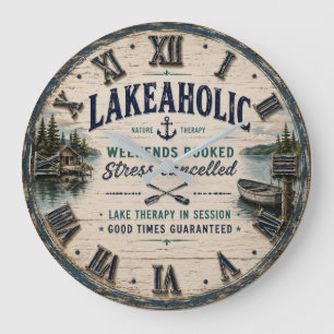 Lakeaholic Rustic Lake House Cabin Retreat Decor Large Clock