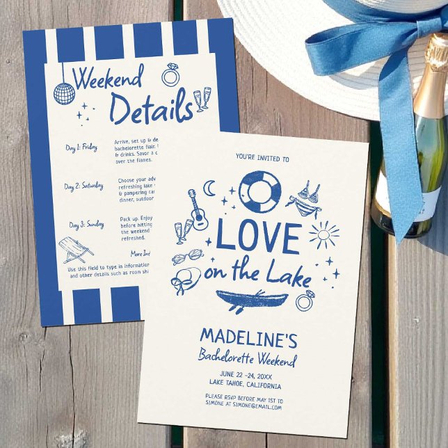 Lakehouse Bachelorette Party Love Lake Blue Stripe Invitation (lakehouse bachelorette party weekend invitation love on the lake lakeside bride hand drawn blue)