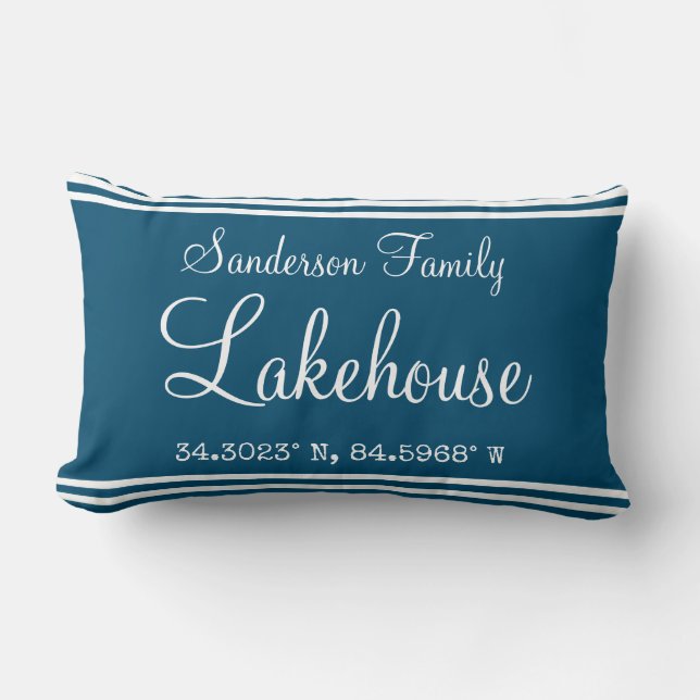 Lakehouse Family namemap coordinate  peacock blue Lumbar Pillow (Front)