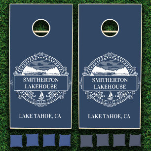 Lakehouse Navy Blue White Family Name Date Cornhole Set