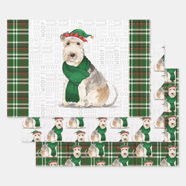 Lakeland Terrier Christmas Dog and Holiday Plaid Wrapping Paper Sheets (Set)