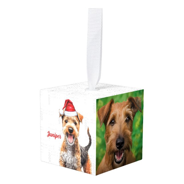 Lakeland Terrier Dog Two Photo Christmas Holiday Cube Ornament (Front Angled)