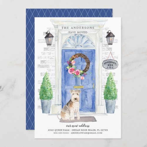 Lakeland Terrier Front Door Moving Announcement - Announce your new address with our stylish announcement featuring a Lakeland Terrier, blue front door, welcome mat, slate sign, topiaries and a floral wreath set on a gray brick background.